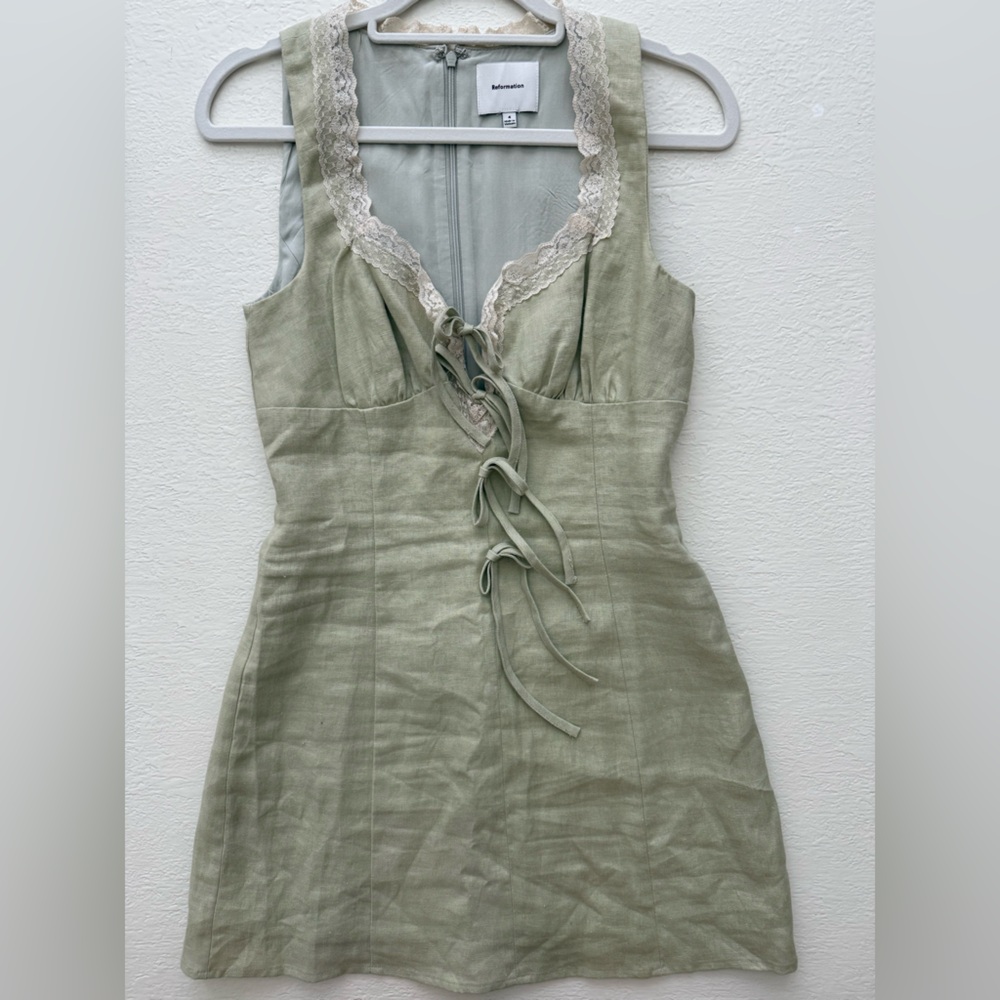 Reformation Reia Linen Dress Green - Size 4